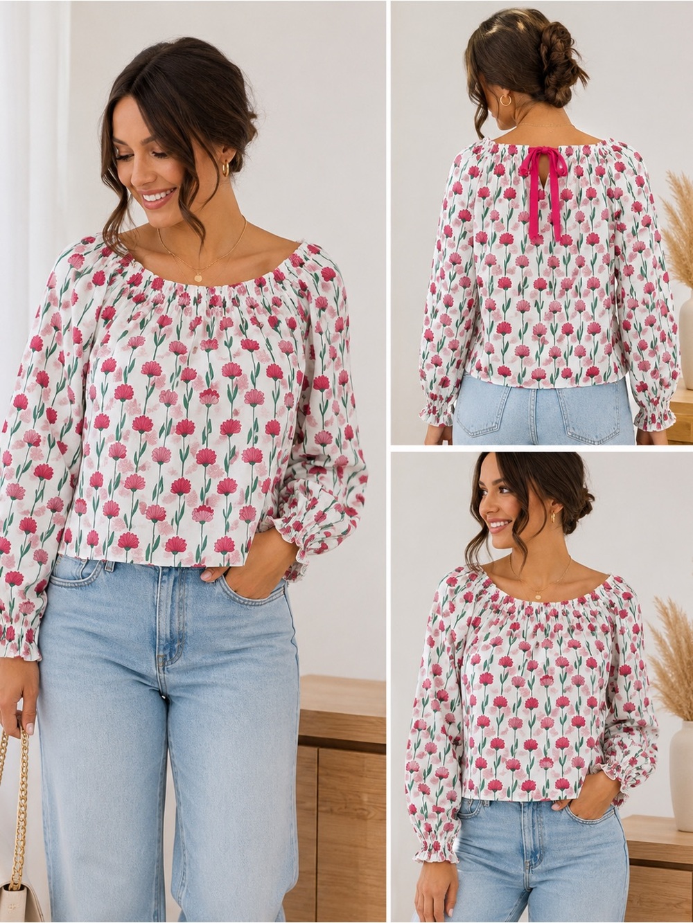J.Crew Pink Floral Cotton Peasant Blouse Women’s Size M - Picture 2 of 13
